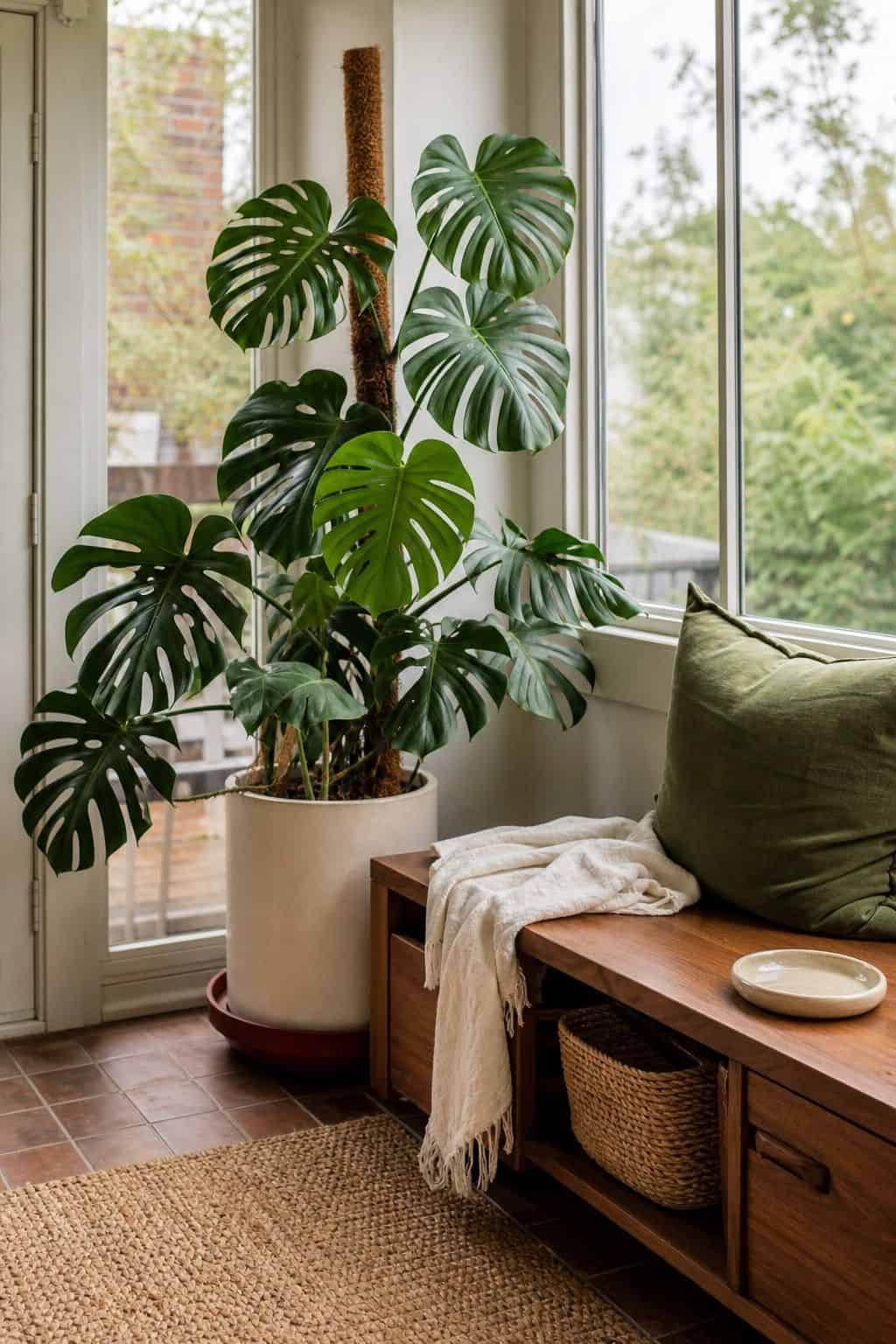 Large Monstera plant in a bright apartment sunroom beside walnut furniture, woven textures, and relaxed natural decor.