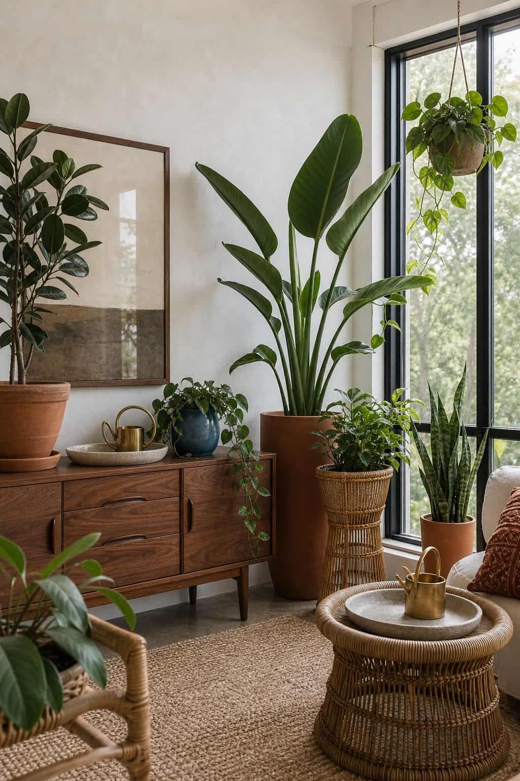 Sunroom plants styled with walnut furniture, rattan, stone, brass, woven textures, and terracotta planters in natural light.