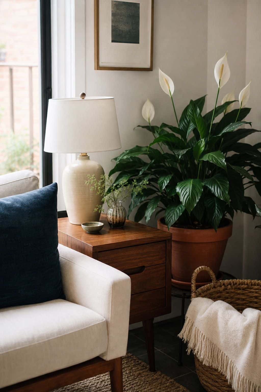 Peace lily styled in a softer sunroom corner beside walnut furniture, cream upholstery, ceramic lamp, and warm natural textures.