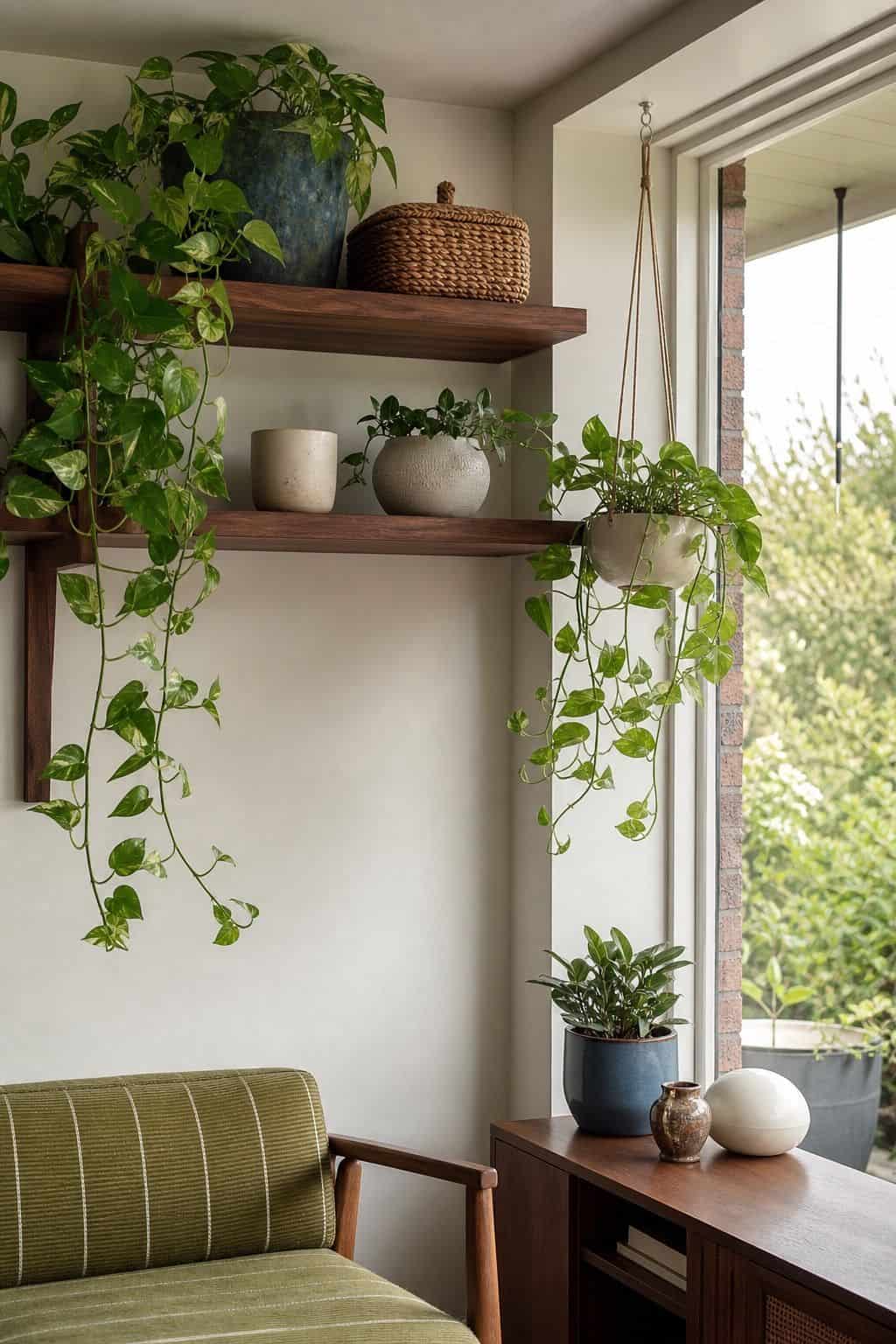 Trailing pothos cascading from walnut shelves in a small apartment sunroom with soft window light and clean plant styling.