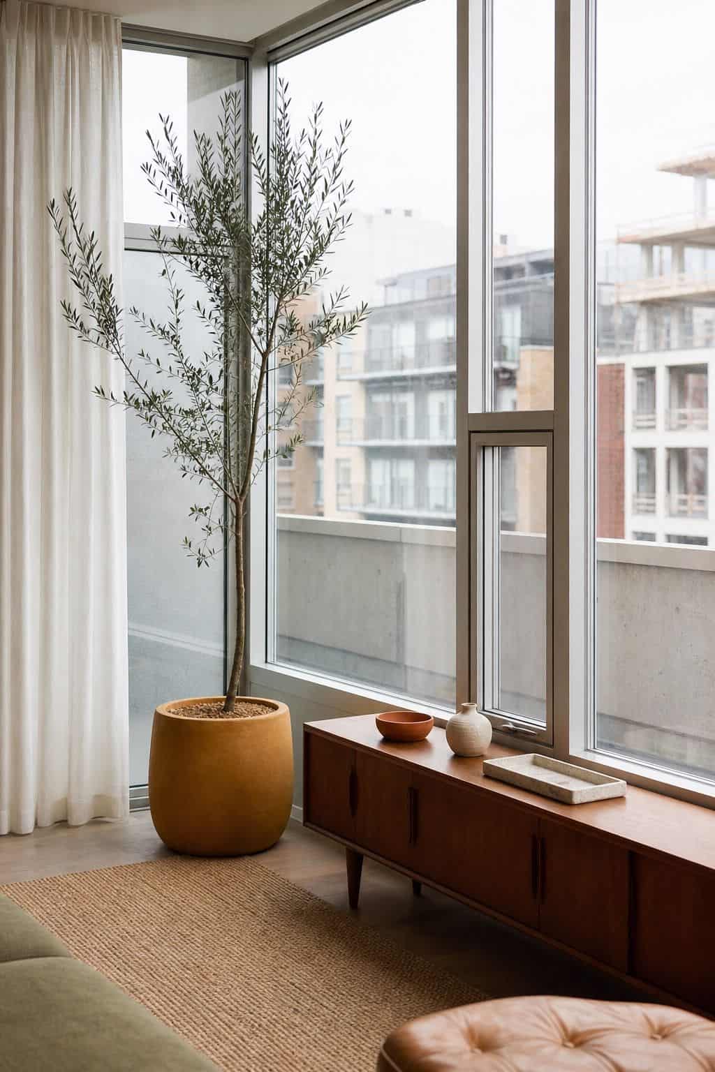 Slim potted olive tree adding vertical height beside tall sunroom windows with walnut console, ceramic pots, and natural woven textures.
