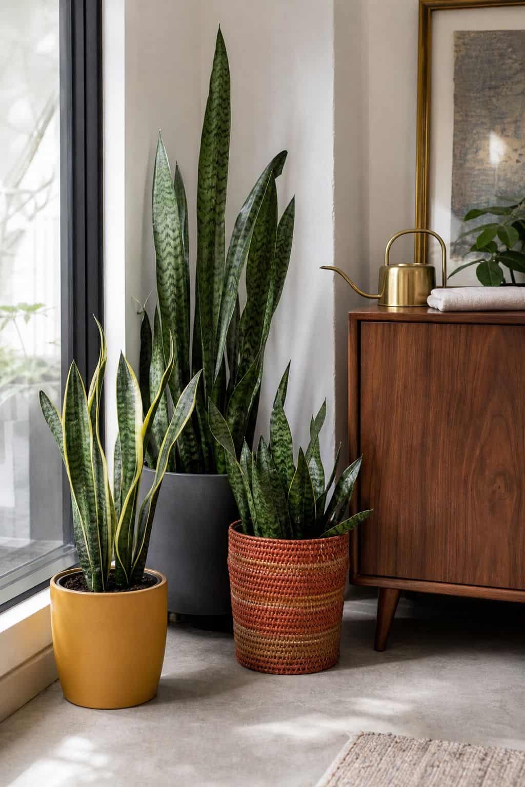Snake plants grouped in matte planters beside a walnut cabinet in a small bright sunroom with simple renter-friendly styling.