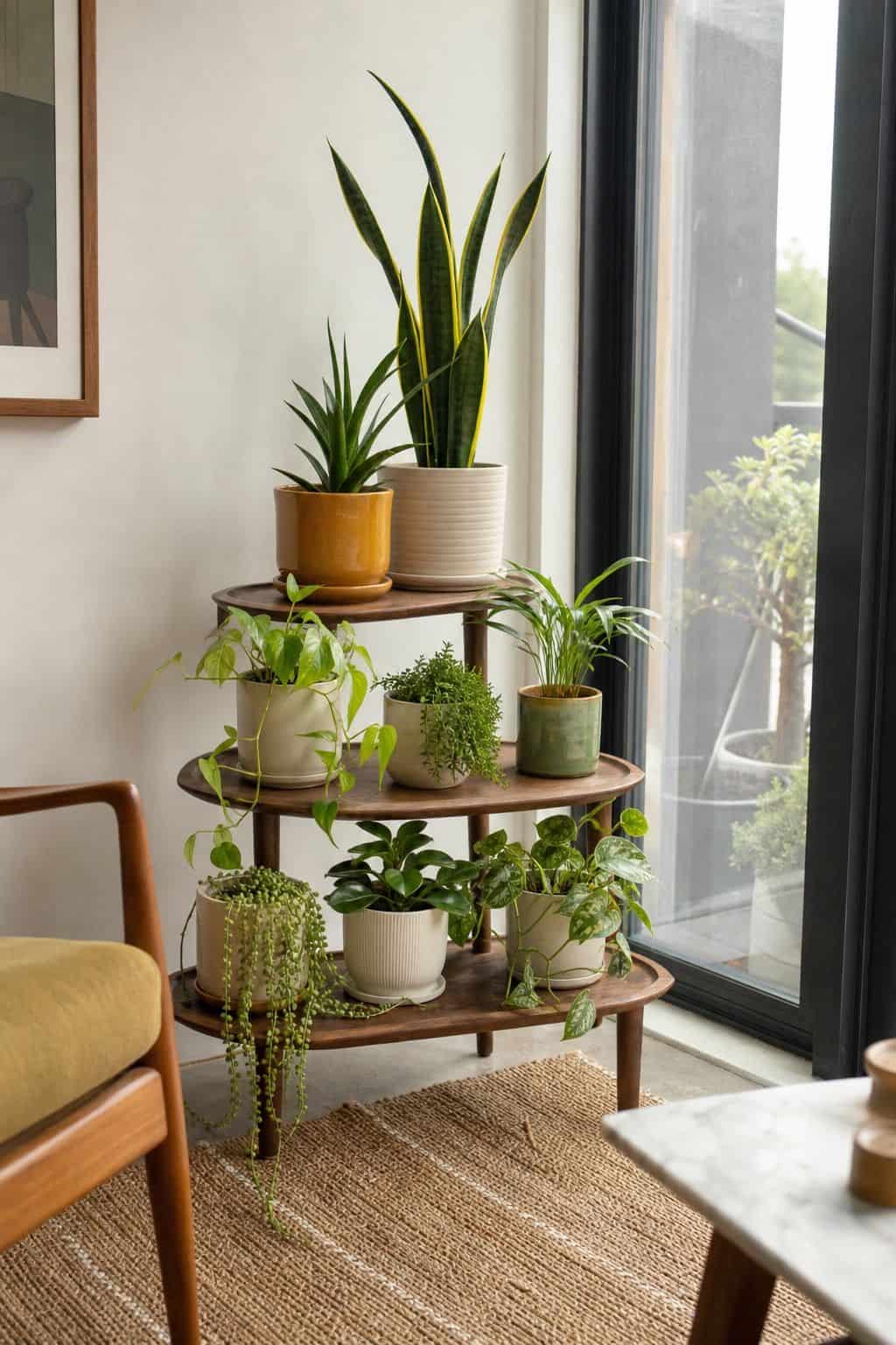 Compact walnut tiered plant stand holding small indoor plants in a bright apartment sunroom corner with clean natural styling.
