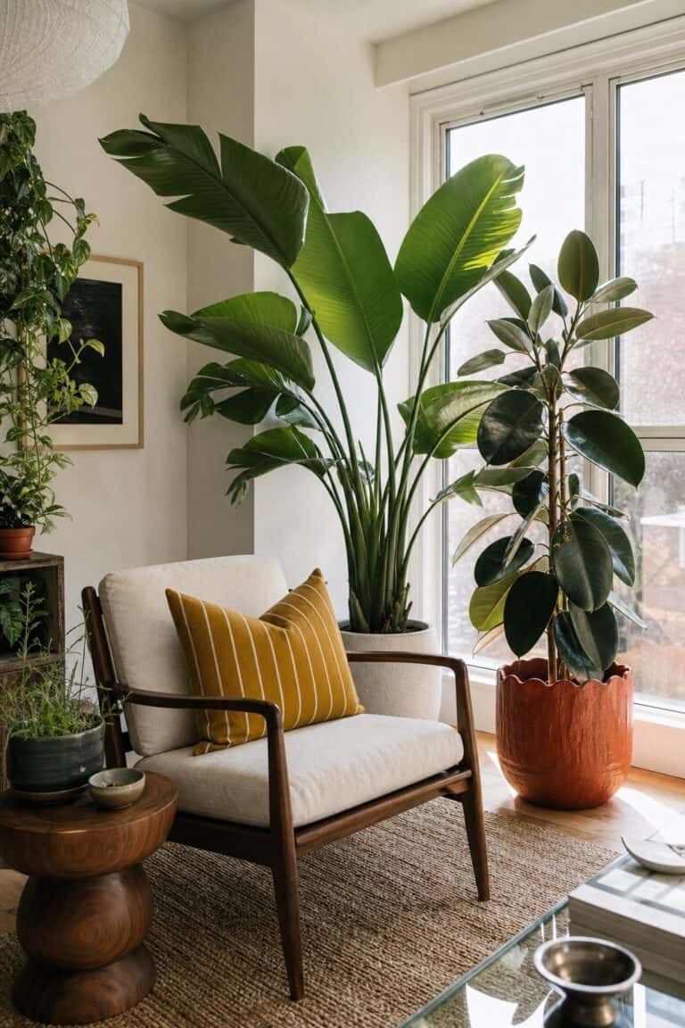 Large statement plants styled like living furniture in a bright apartment sunroom with walnut furniture and warm ceramic planters.