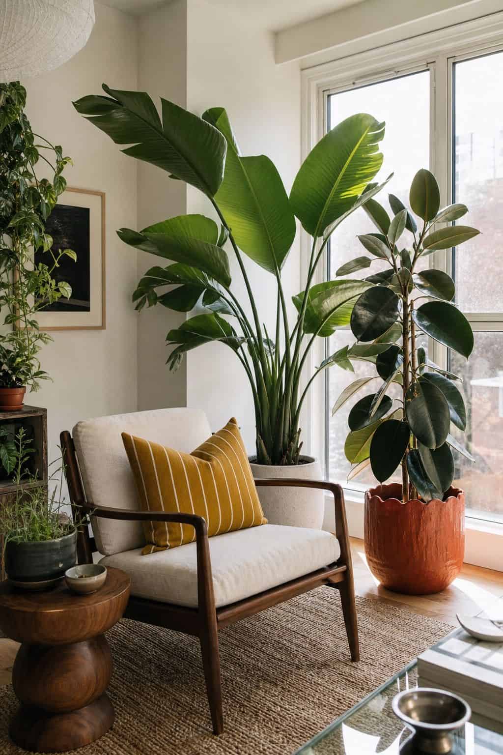 Large statement plants styled like living furniture in a bright apartment sunroom with walnut furniture and warm ceramic planters.