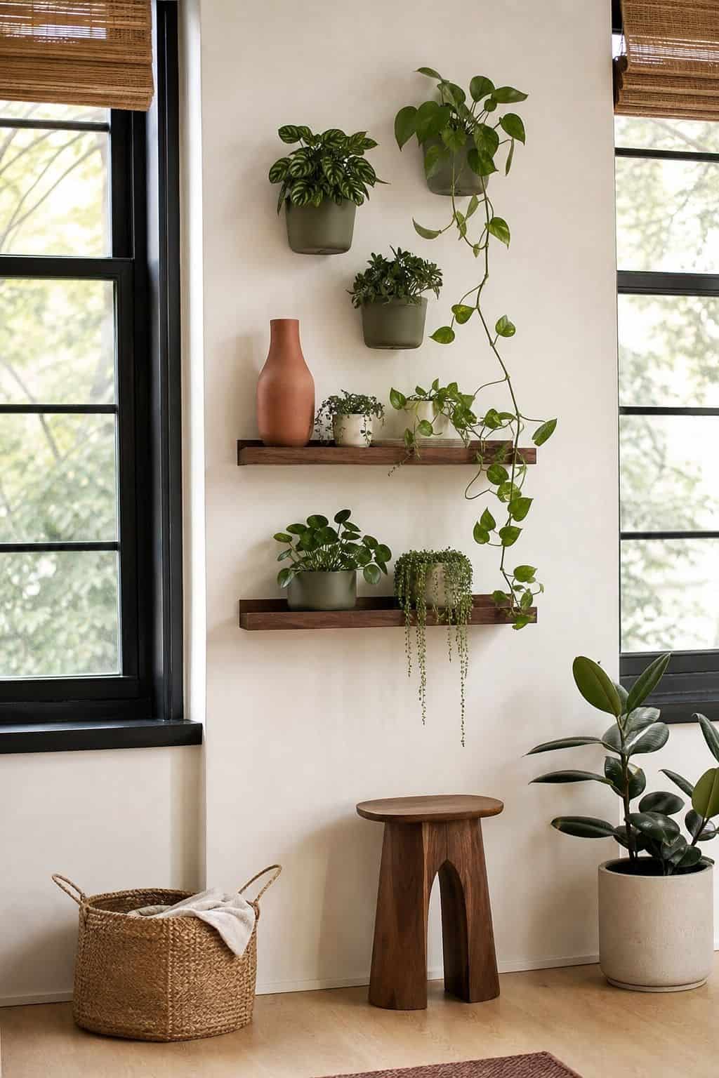 Renter-friendly wall-mounted planters and walnut shelves creating a vertical plant wall in a compact sunroom.