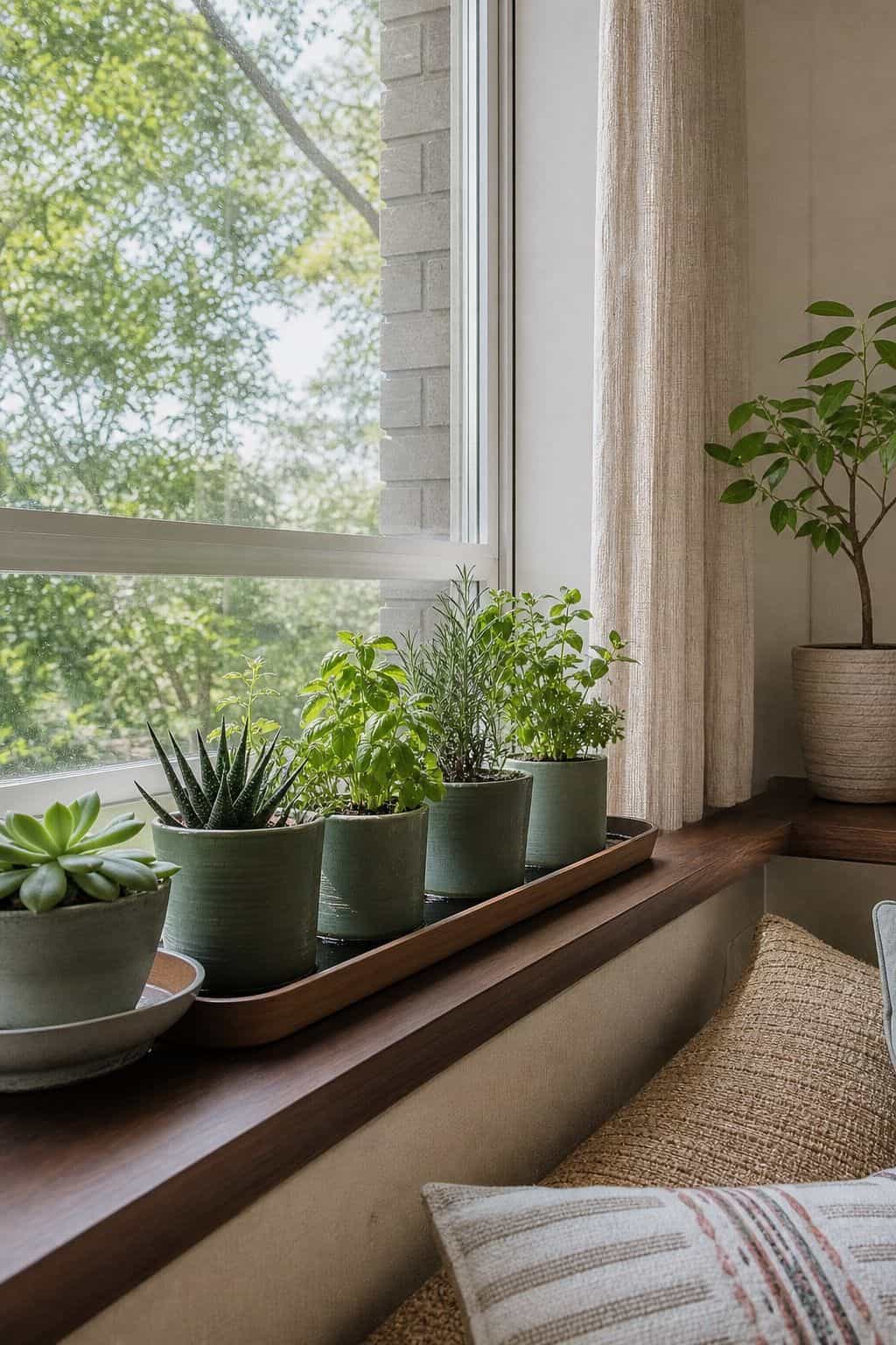 Neat windowsill garden with herbs and succulents in matched pots on a walnut ledge with soft natural light.