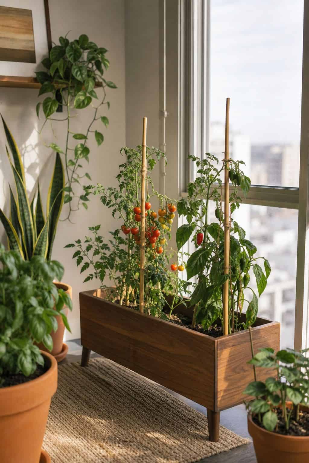 Compact tomato and pepper plants staked in a walnut planter box in a sunny apartment corner