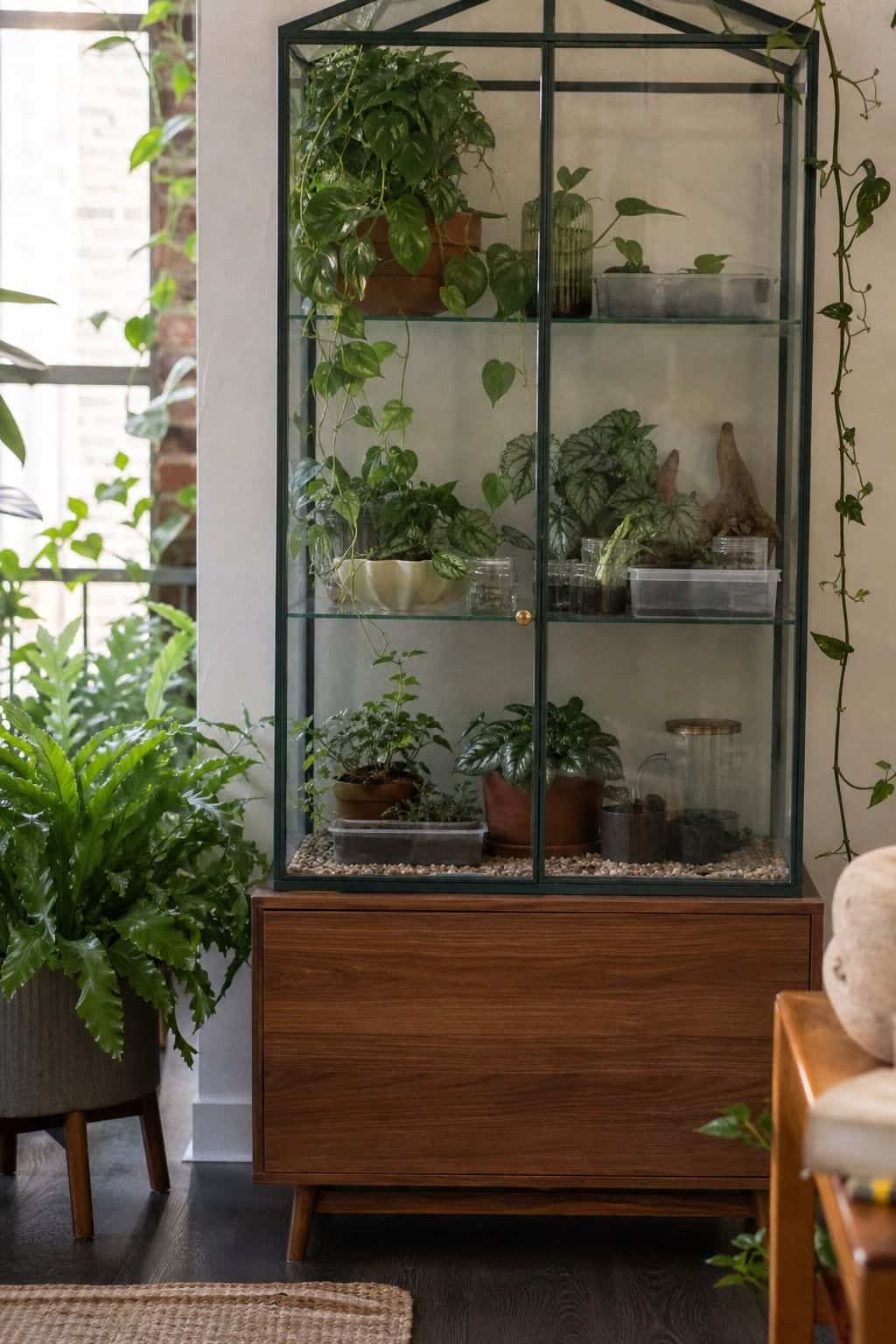 Greenhouse-style glass cabinet with leafy plants and seed trays in a bright apartment sunroom