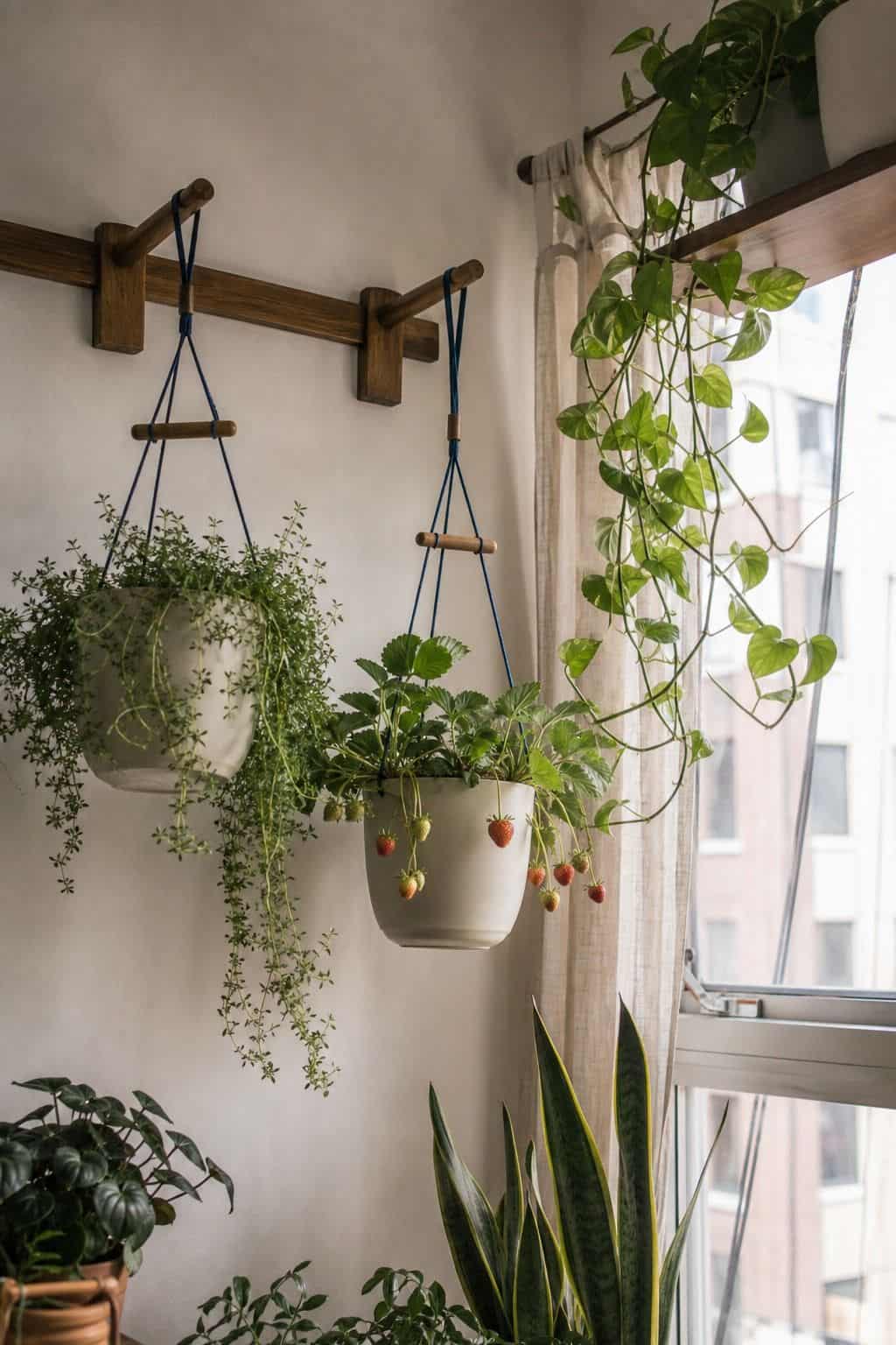 Wall-mounted brackets with cream hanging planters and trailing greenery by a bright apartment window