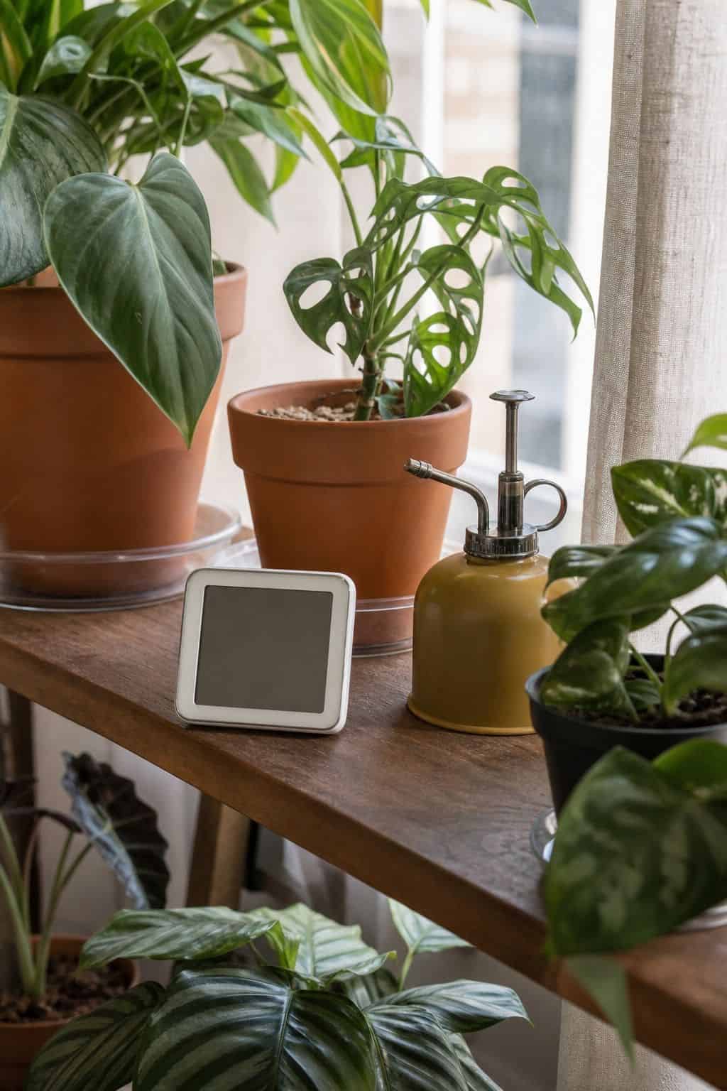Small digital monitor tucked among terracotta pots and leafy plants on a walnut sunroom shelf