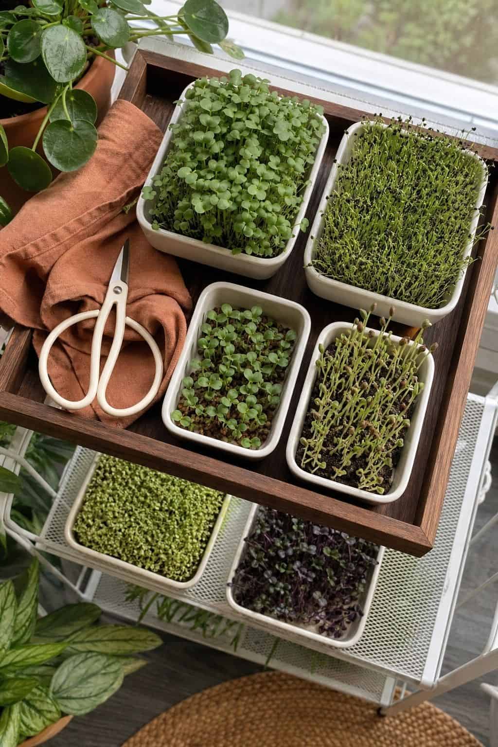 Shallow trays of microgreens at different harvest stages on a walnut tray with small scissors