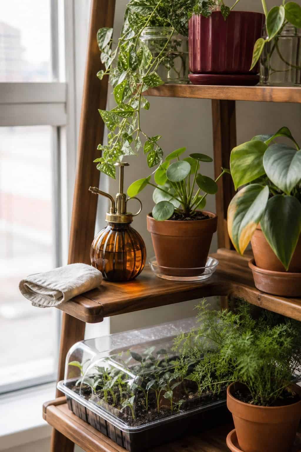 Amber misting bottle beside leafy plants and seedlings on a walnut sunroom shelf