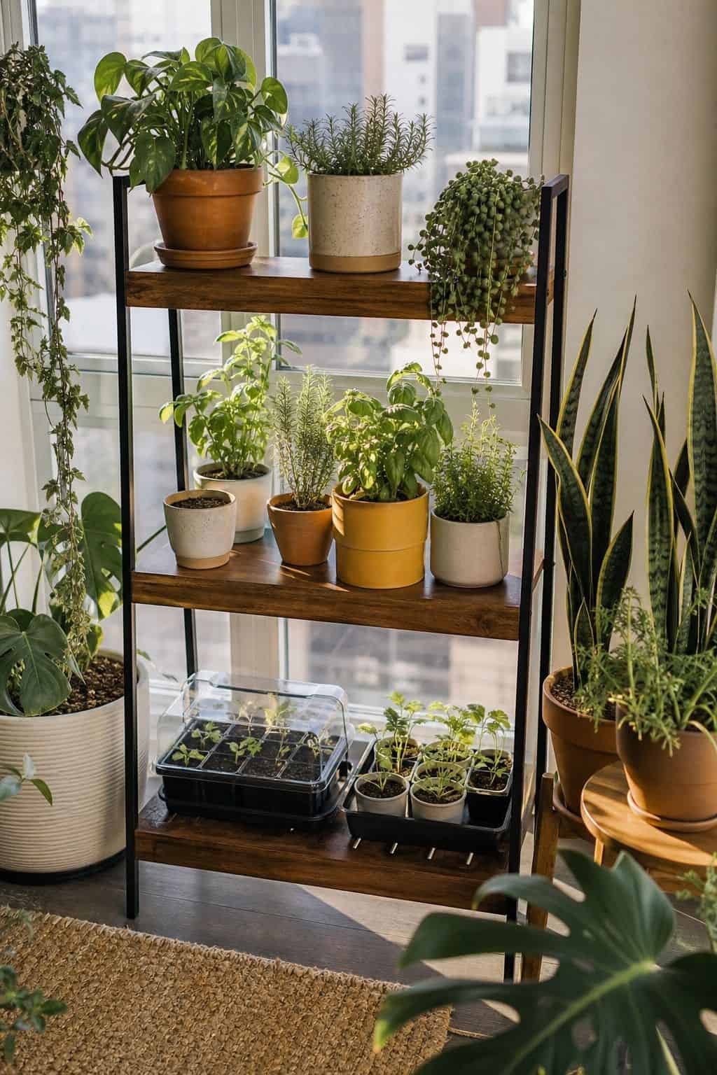 Three-tier walnut plant shelf filled with herbs, terracotta pots, and seedling trays near a window
