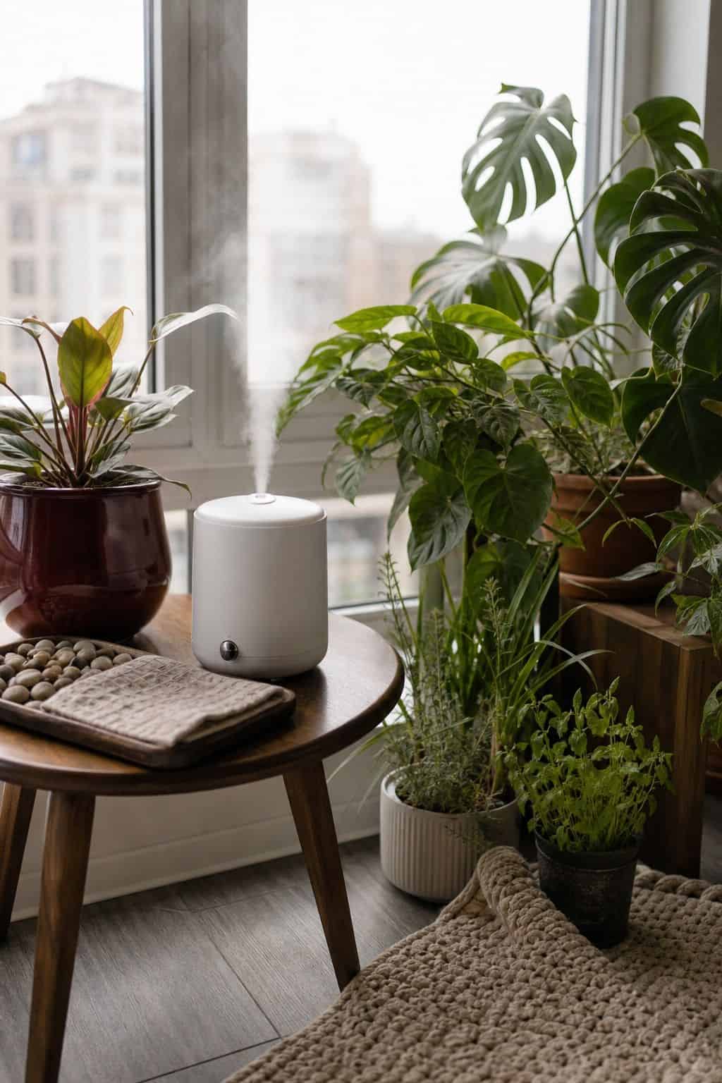 Compact humidifier beside tropical plants and herbs on a walnut side table in a bright sunroom