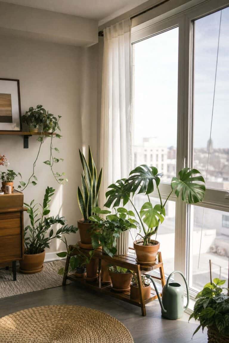 Apartment sunroom with plants grouped by tall south-facing windows on a walnut plant stand