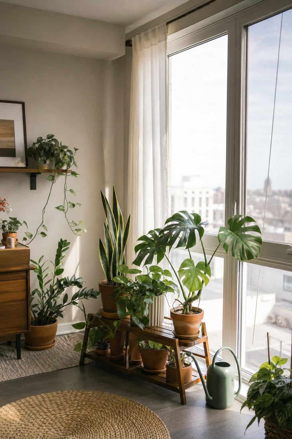 Apartment sunroom with plants grouped by tall south-facing windows on a walnut plant stand