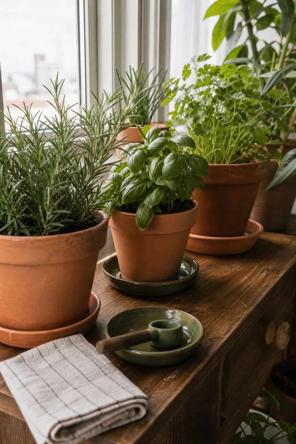 Terracotta herb pots with drainage saucers on a walnut potting bench near a sunroom window