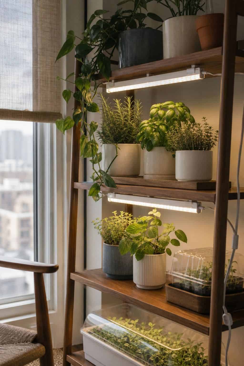 Walnut plant shelf with discreet grow lights above herbs and seedlings in an apartment sunroom