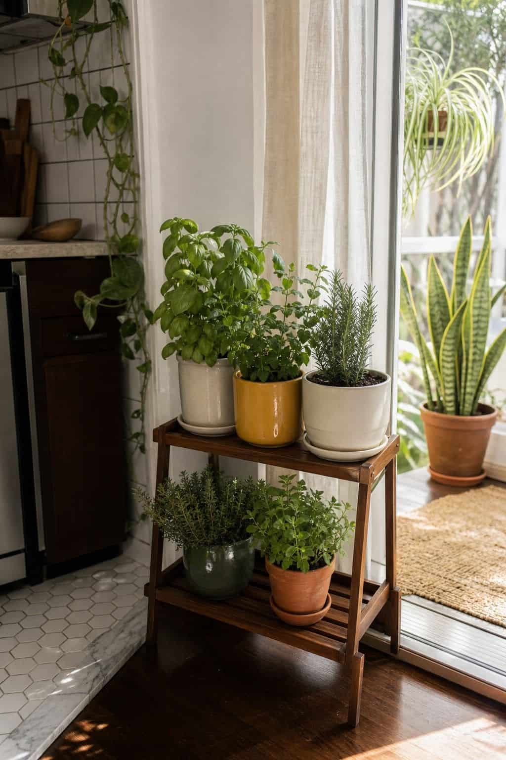 Basil, mint, rosemary, and herbs in separate pots on a walnut stand by a bright apartment window