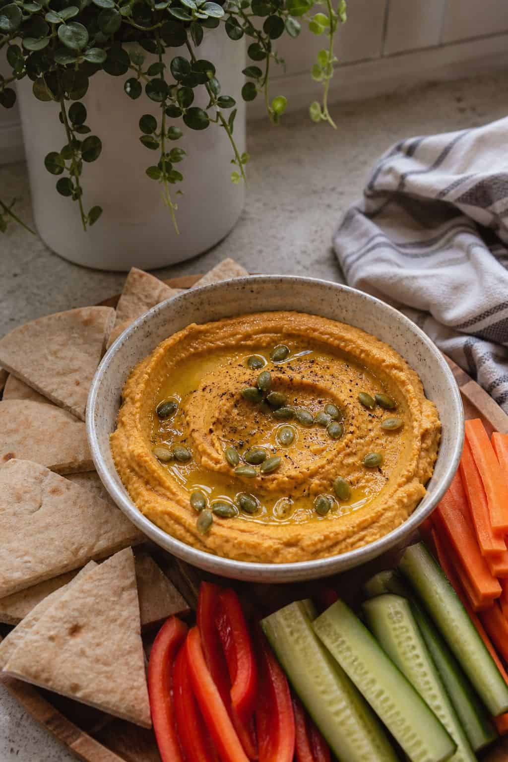 Pumpkin Hummus with Pepitas small apartment idea for Top 18 Thanksgiving Appetizer Ideas for an Easy Crowd-Pleaser.