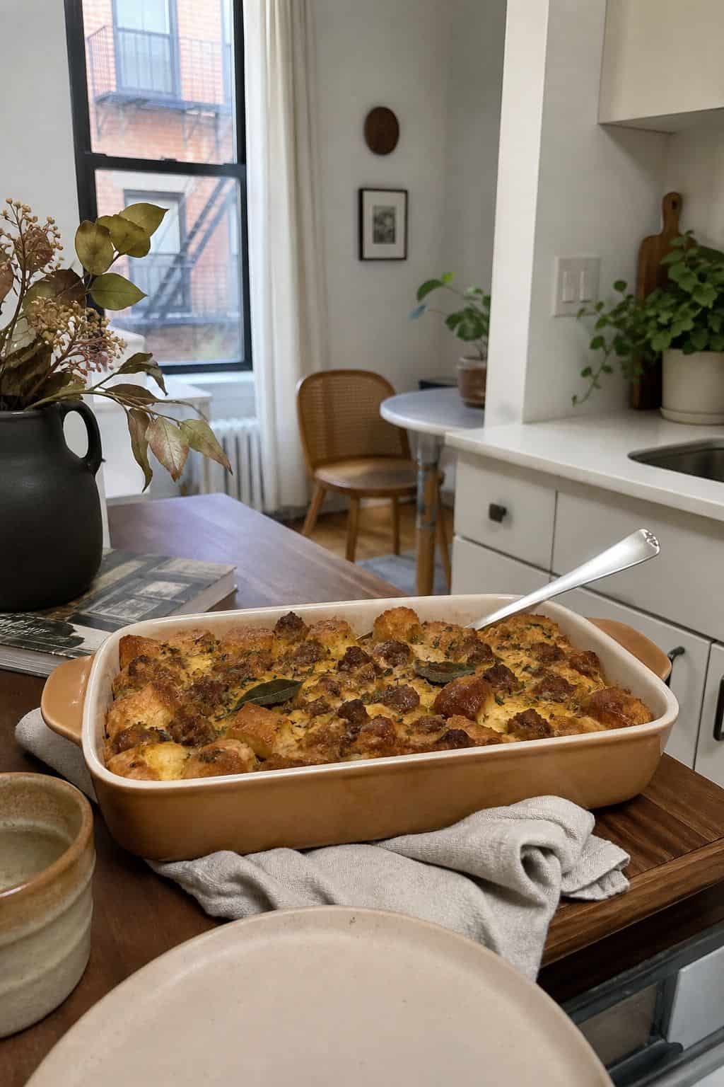 Overnight Sausage and Sage Strata small apartment idea for Top 17 Thanksgiving Breakfast Ideas for a Make-Ahead Morning.