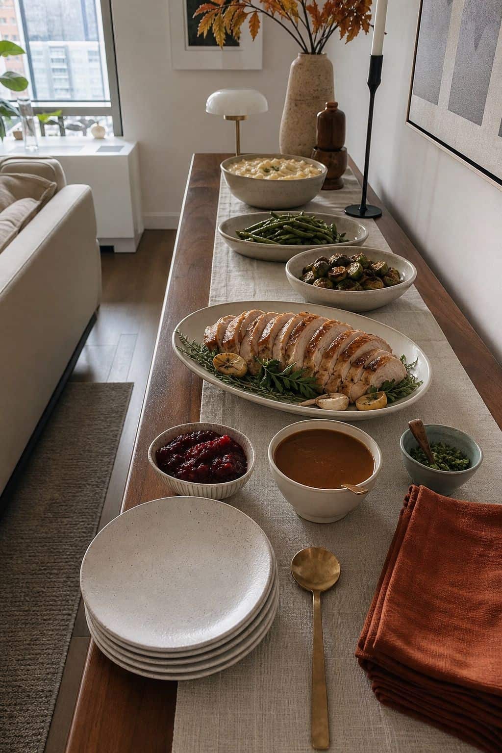Thanksgiving buffet table decor with plates, sides, turkey, sauces, and rust napkins in serving order