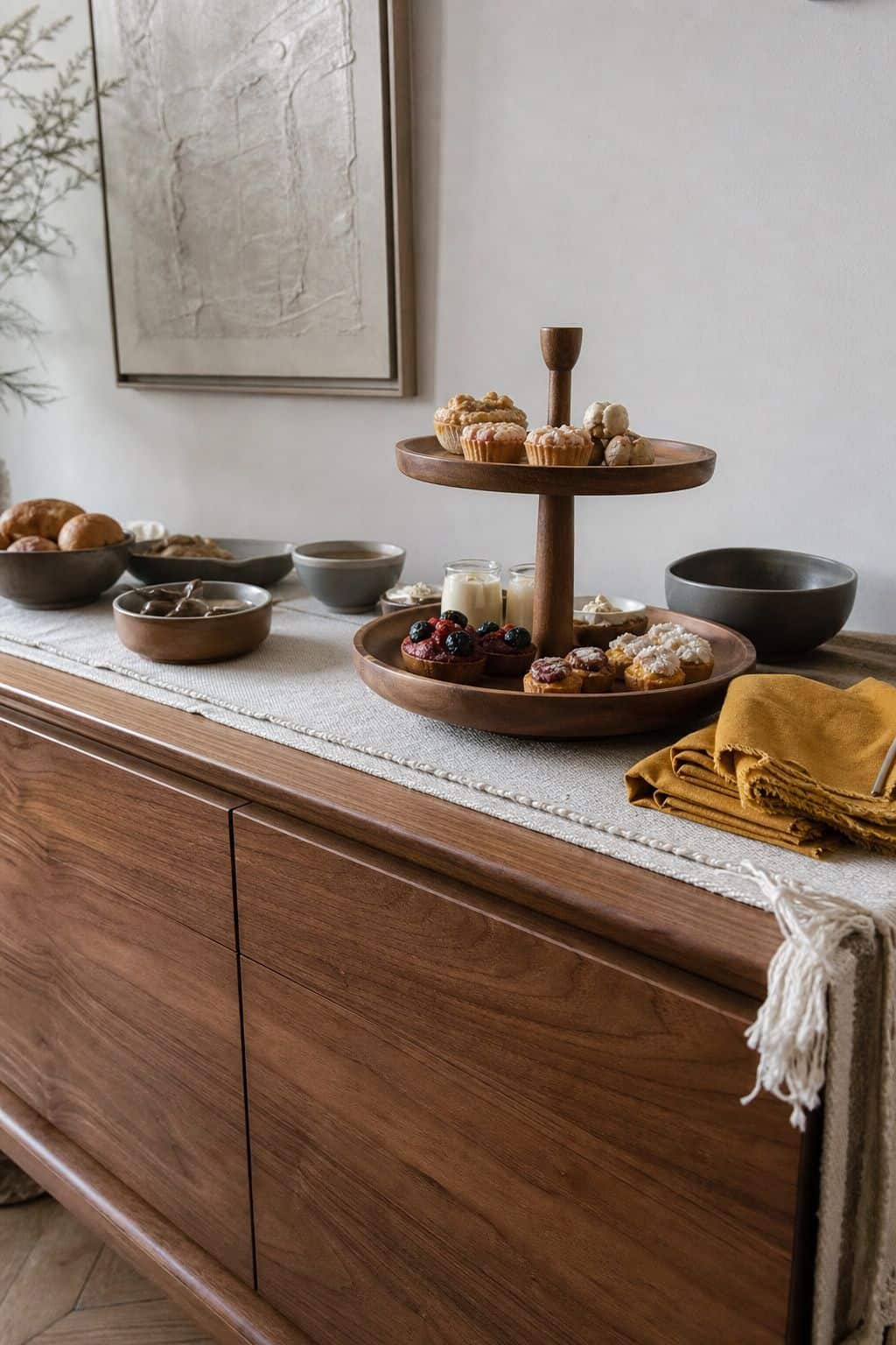 Two-tier wood serving stand adding height to Thanksgiving buffet table decor on a walnut sideboard