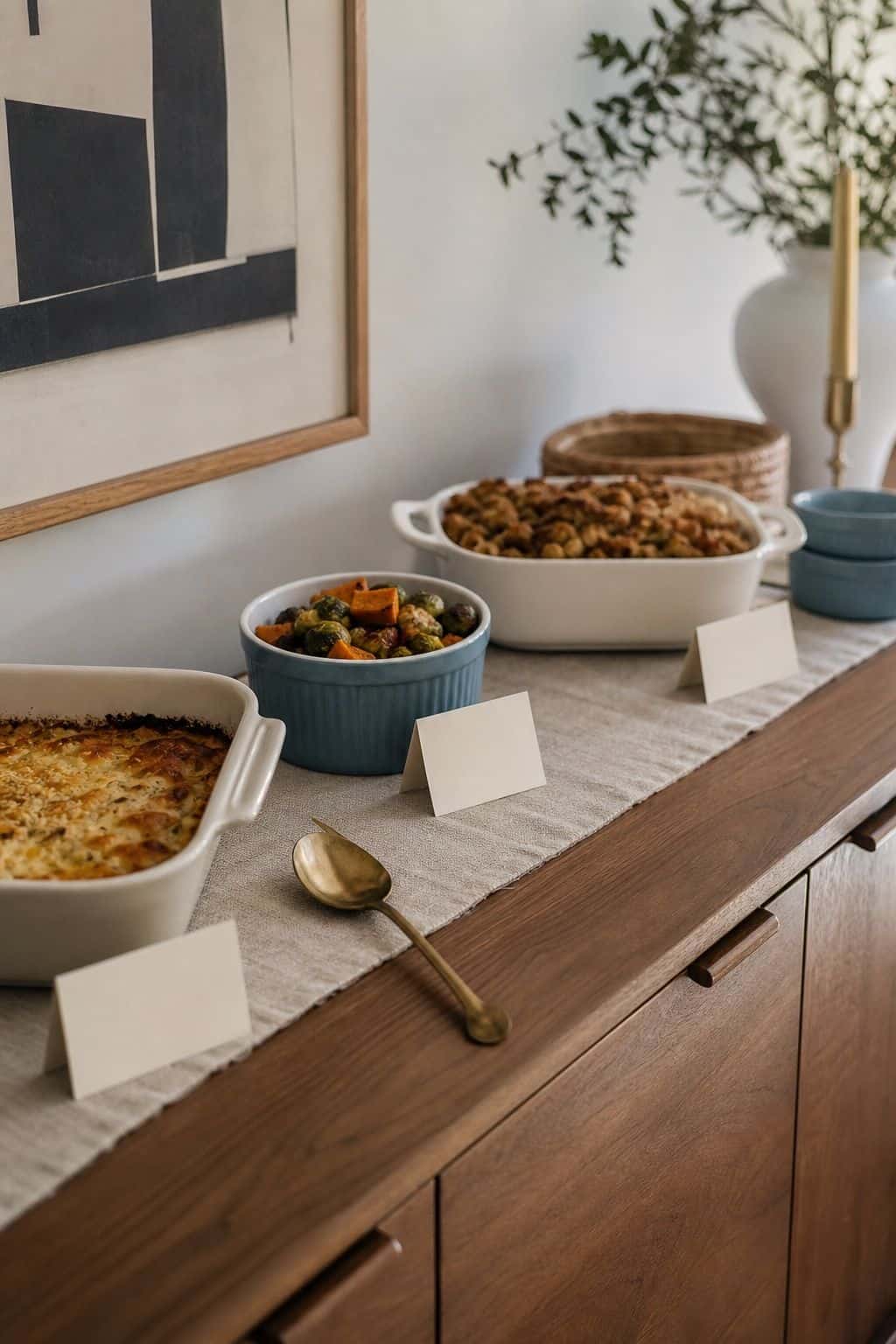 Blank cream food label cards beside Thanksgiving buffet dishes for allergen-friendly hosting