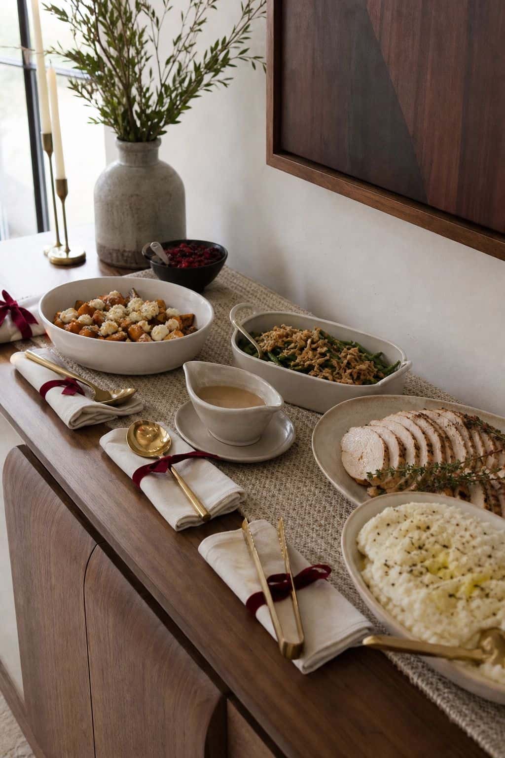 Thanksgiving buffet dishes with brass serving utensils and burgundy napkins beside each platter