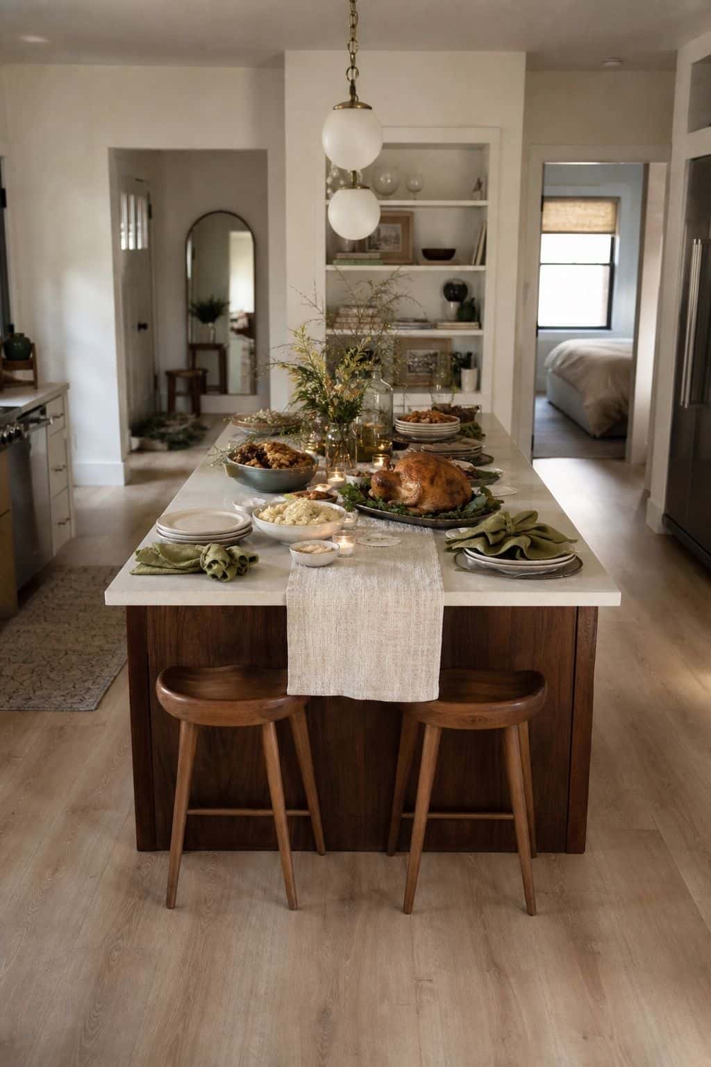 Small apartment kitchen island styled as a two-sided Thanksgiving buffet with open guest access
