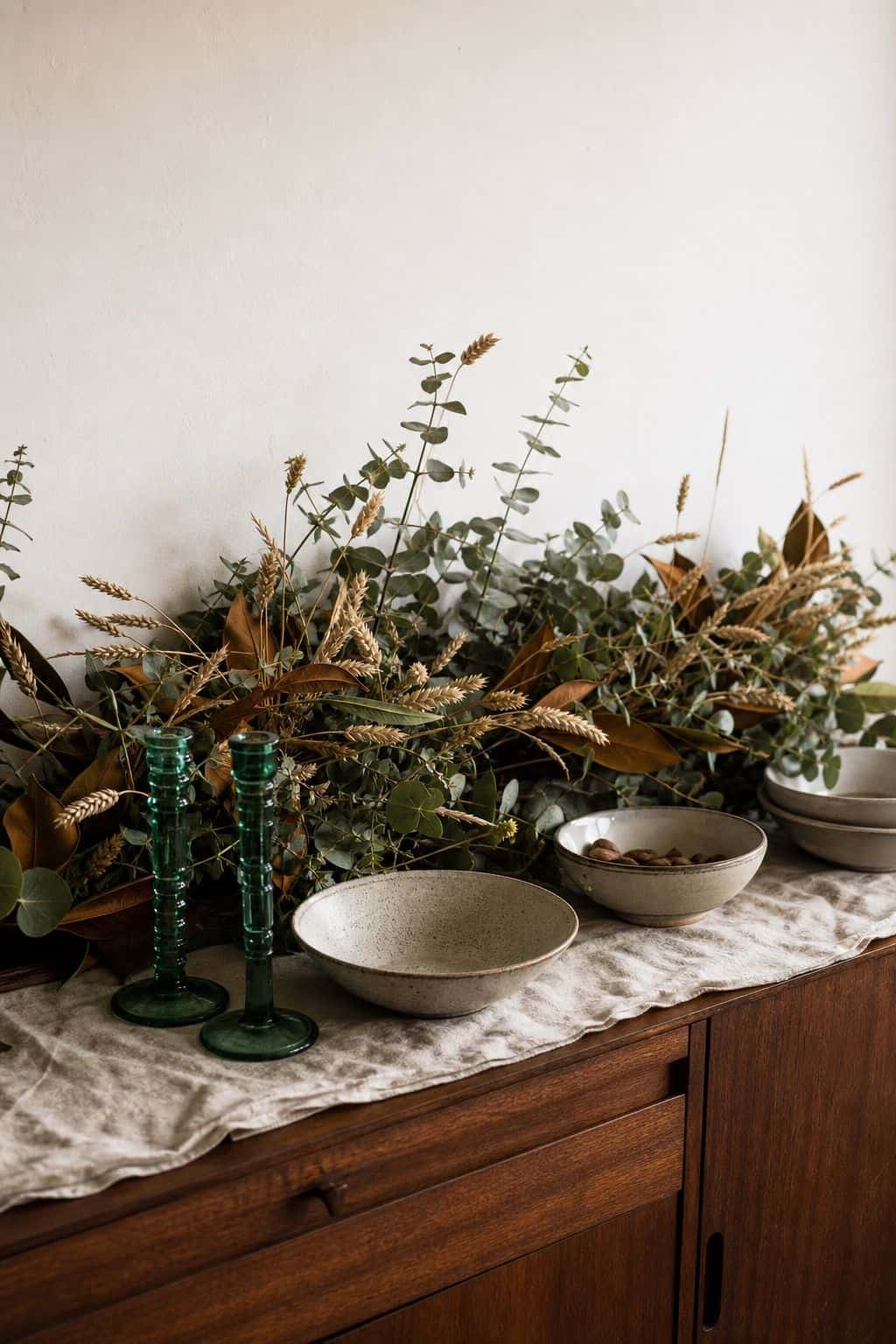 Foraged greenery garland draped along the back edge of a Thanksgiving buffet sideboard