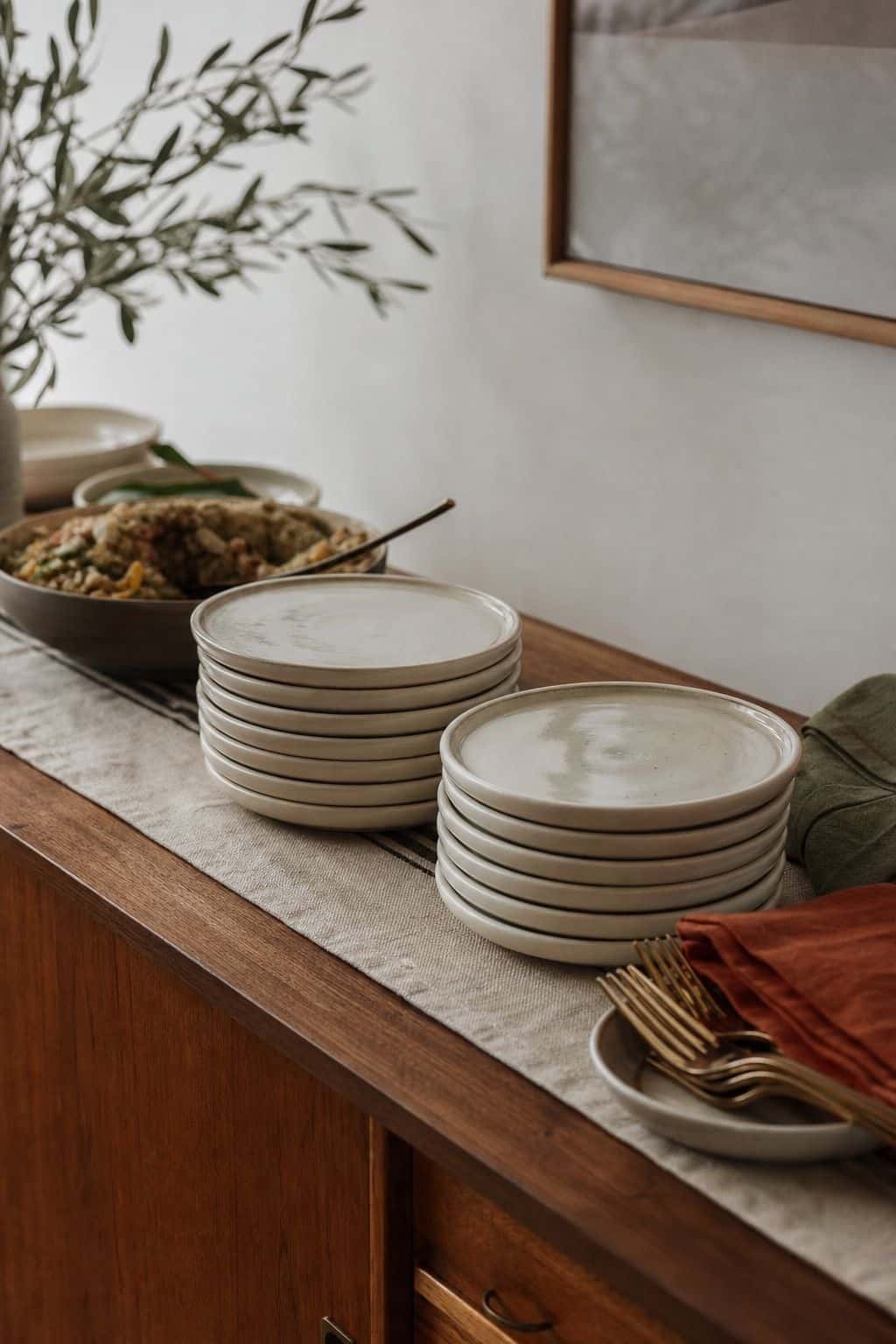 Cream plate stacks placed at the start of a Thanksgiving buffet line with rust and olive napkins
