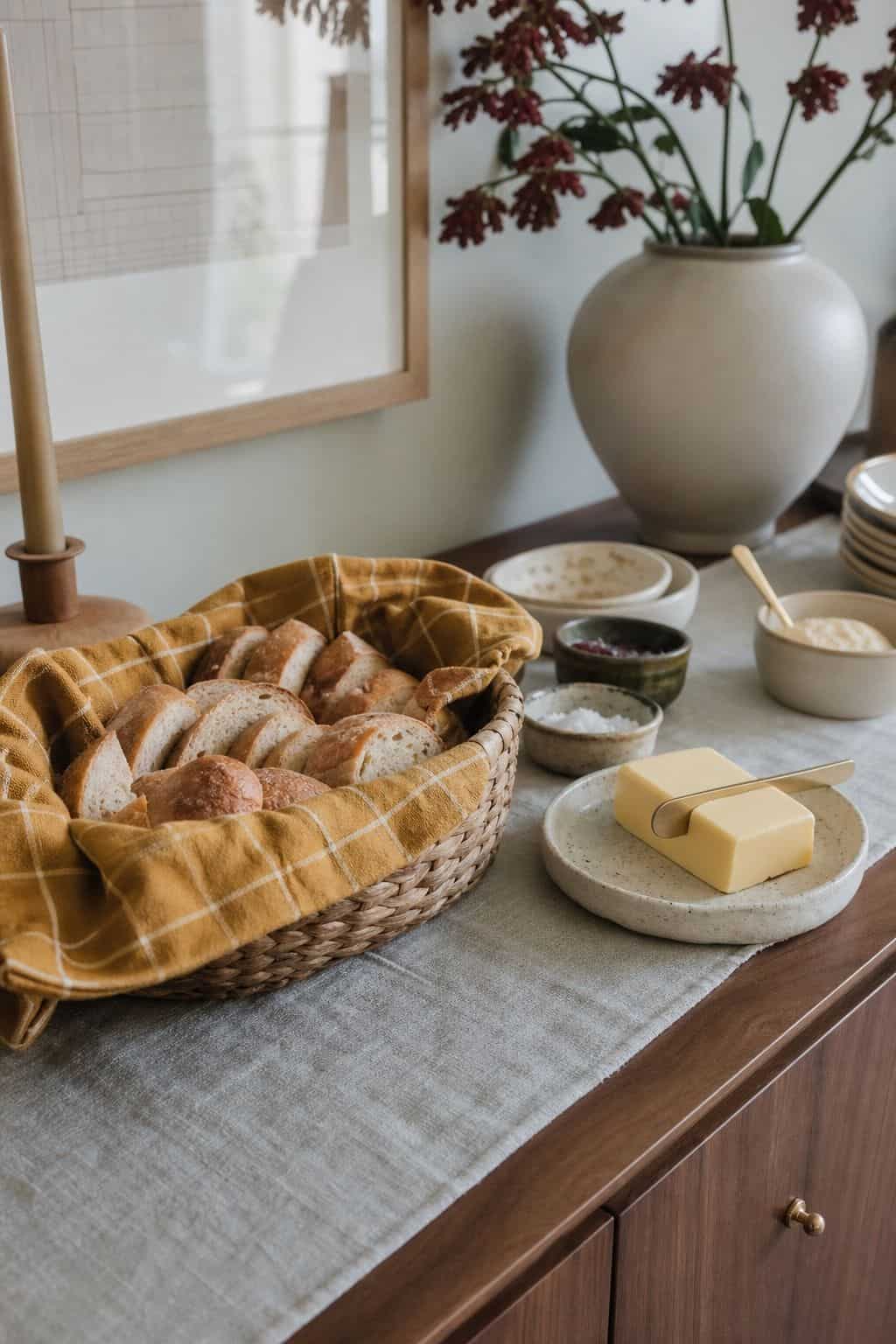 Woven bread basket and butter dish styled as a Thanksgiving buffet station with mustard napkin