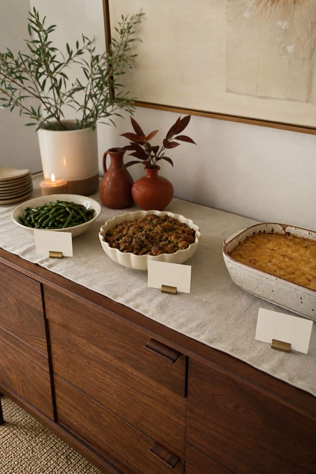 Blank cream dish cards in brass holders beside Thanksgiving buffet dishes on a walnut sideboard