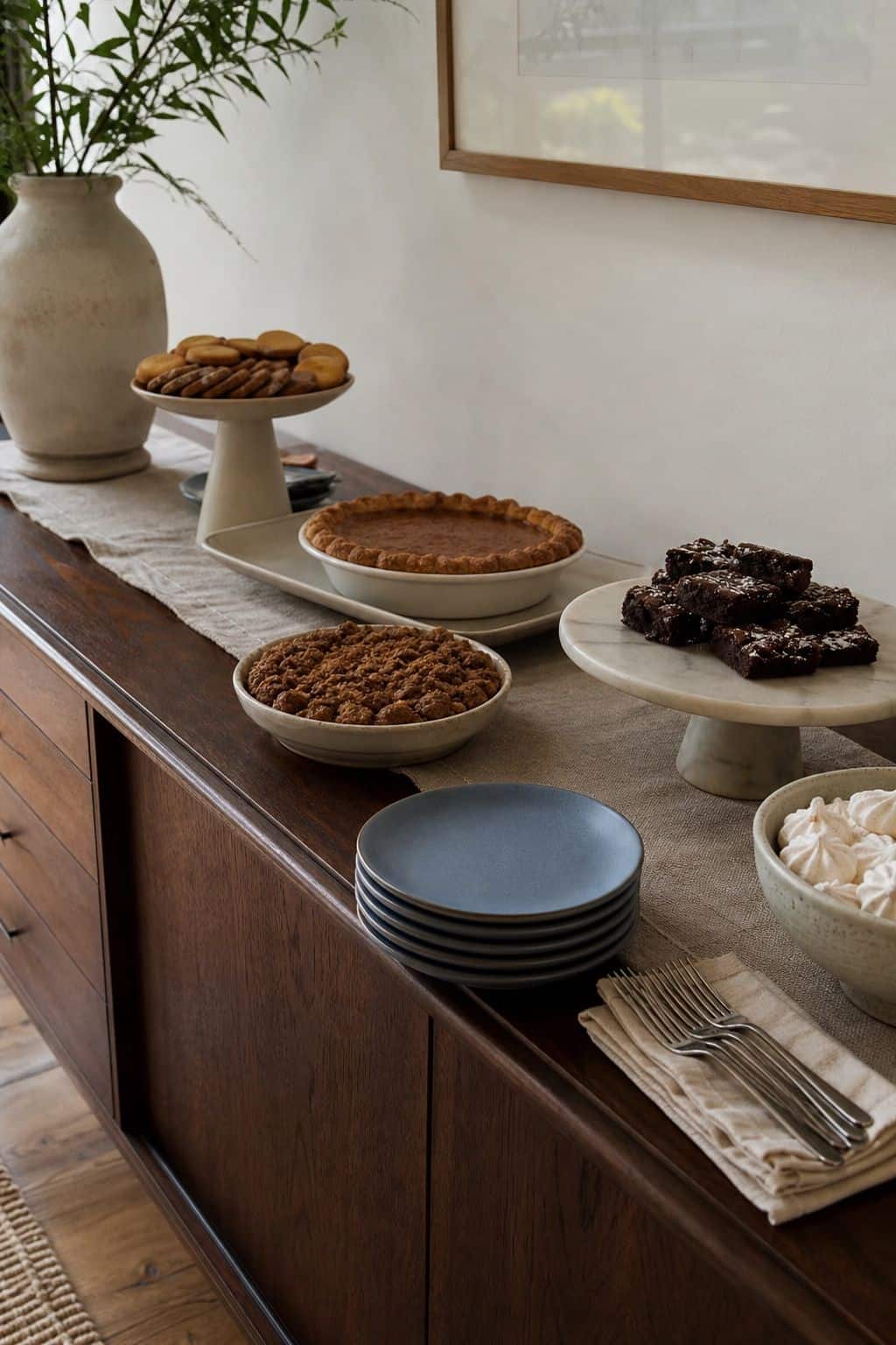 Thanksgiving dessert buffet with pies, cookies, cake stand, and dusty blue dessert plates
