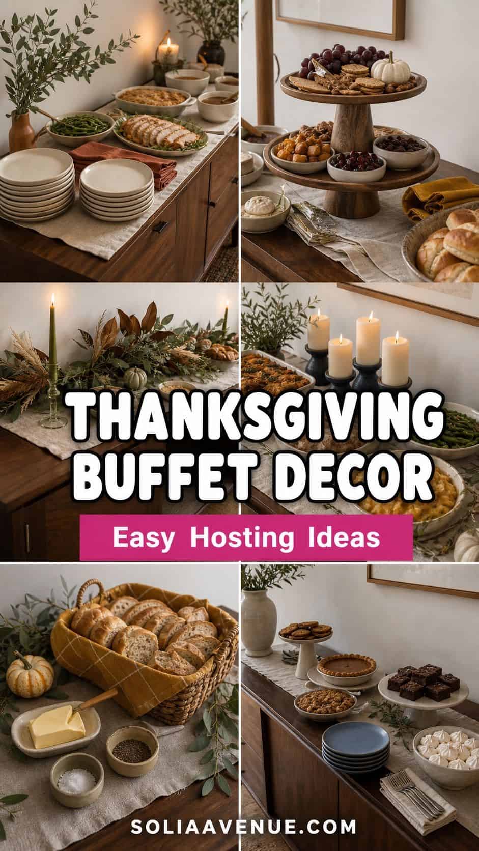 Pinterest collage of Thanksgiving buffet decor ideas with serving stations, candles, greenery, and dessert setup
