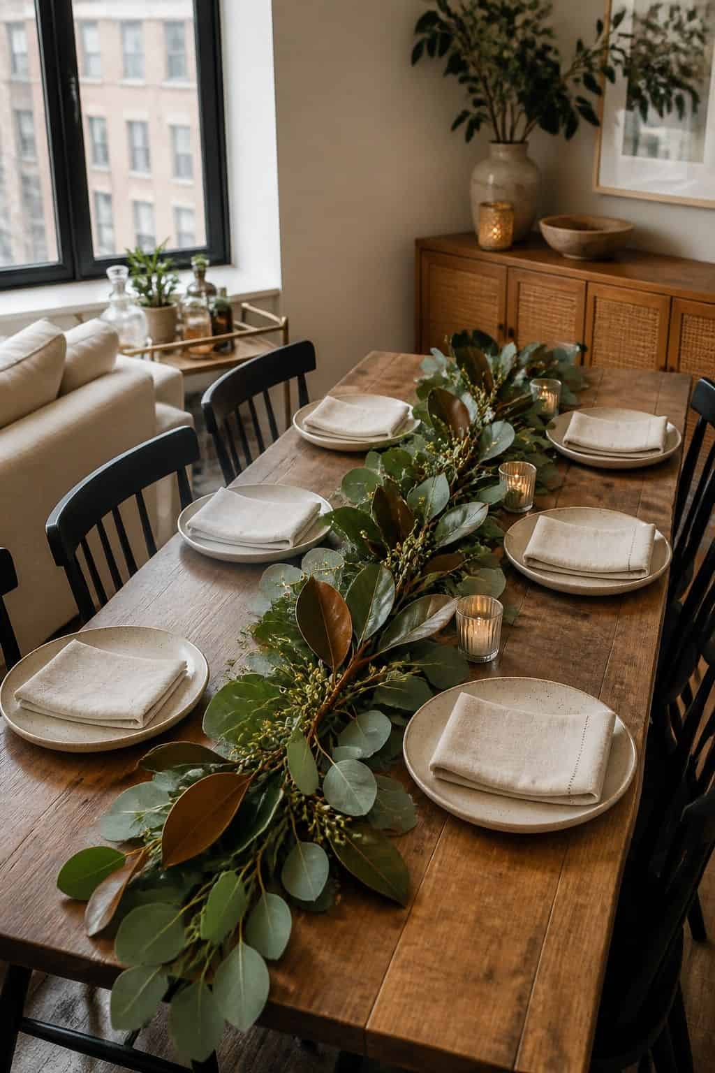 Eucalyptus and Magnolia Branch Runner small apartment idea for Top 17 Thanksgiving Centerpiece Ideas for Small Apartments.
