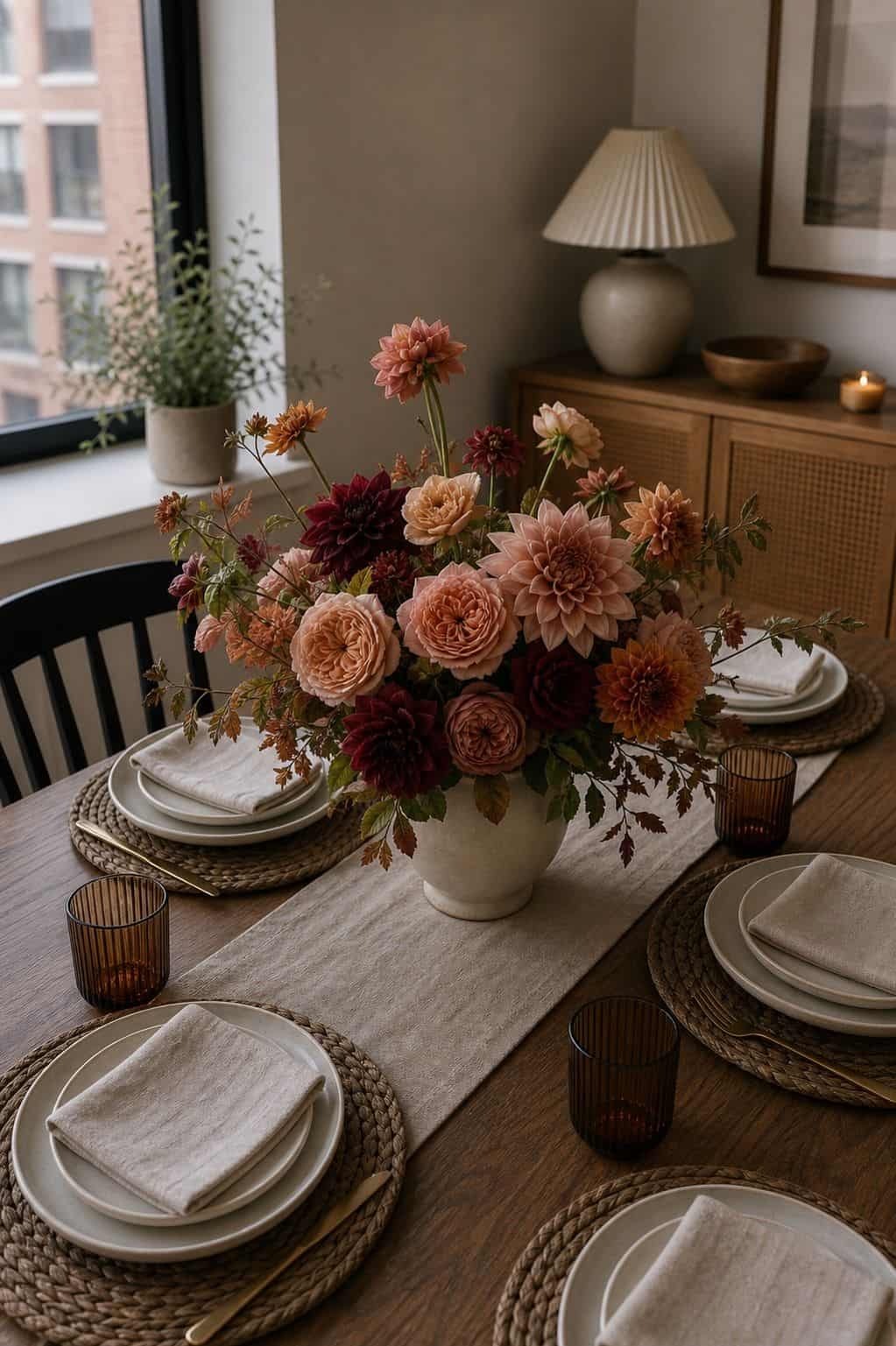 A Loose Bouquet of Dahlias and Garden Roses small apartment idea for Top 17 Thanksgiving Centerpiece Ideas for Small Apartments.