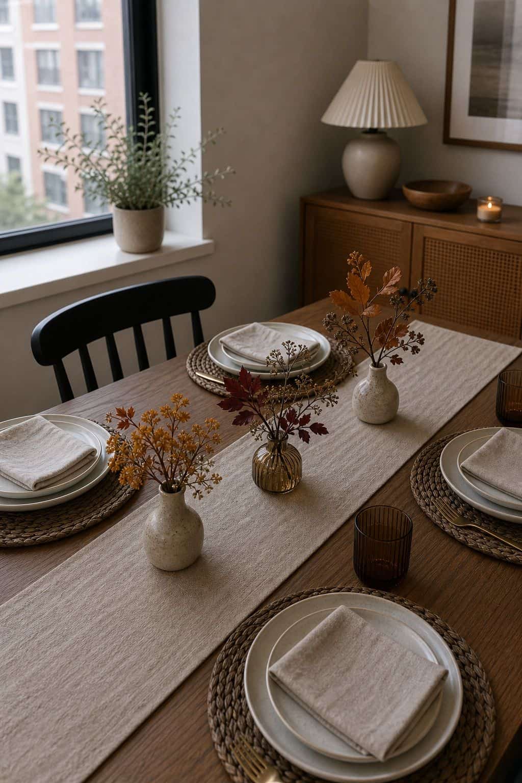 Three Small Bud Vases Down the Runner small apartment idea for Top 17 Thanksgiving Centerpiece Ideas for Small Apartments.