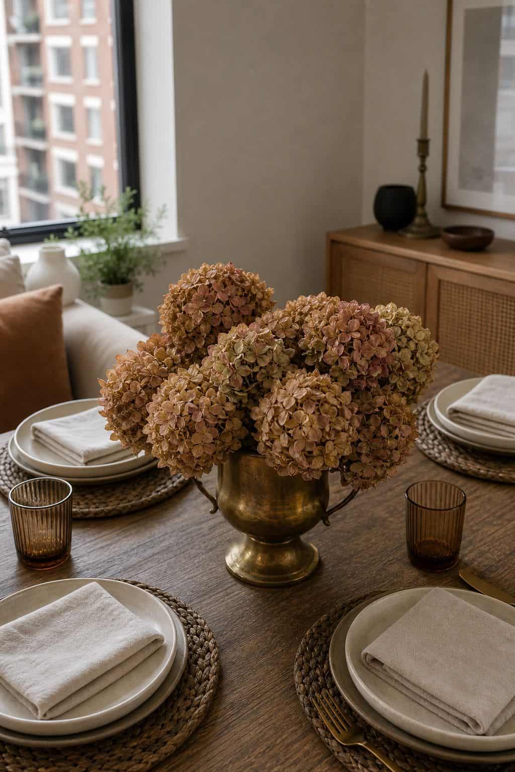 Dried Hydrangea Cluster in a Brass Urn small apartment idea for Top 17 Thanksgiving Centerpiece Ideas for Small Apartments.