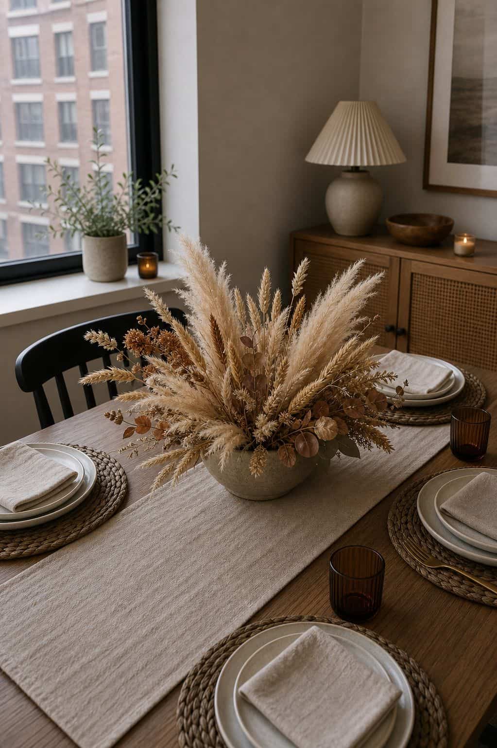 Dried Pampas and Wheat Mixed small apartment idea for Top 17 Thanksgiving Centerpiece Ideas for Small Apartments.