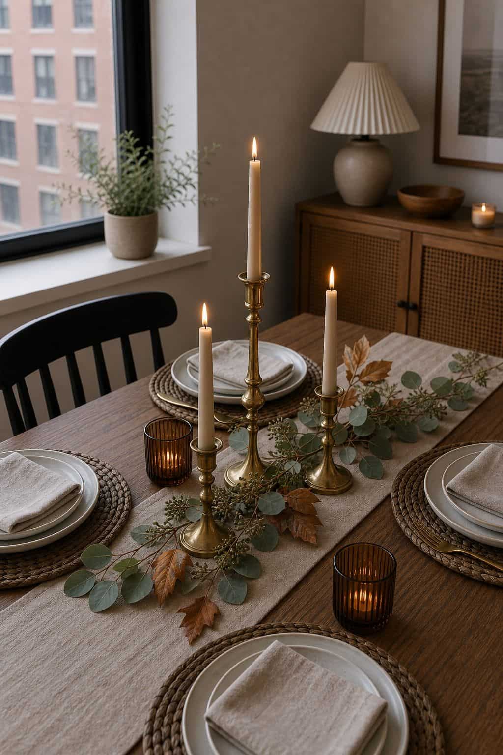 Three Heights of Tapers in Brass Holders small apartment idea for Top 17 Thanksgiving Centerpiece Ideas for Small Apartments.