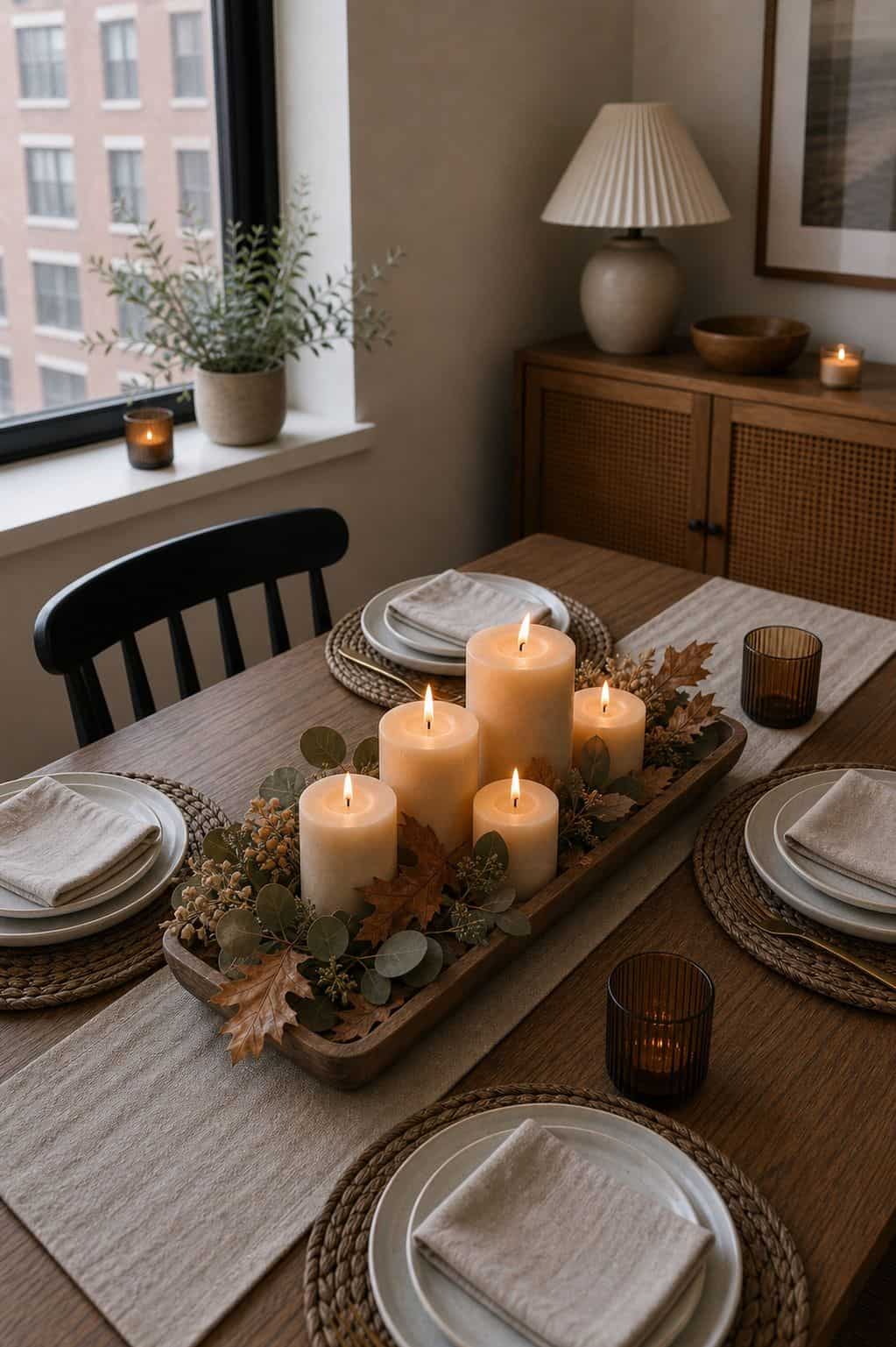 Pillars Clustered in a Wood Tray small apartment idea for Top 17 Thanksgiving Centerpiece Ideas for Small Apartments.