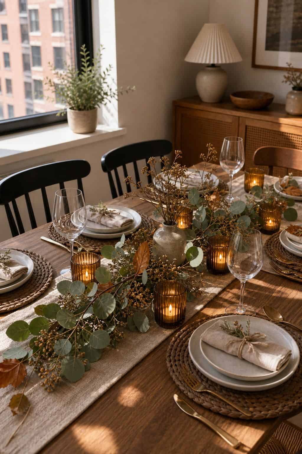 Amber Glass Votives Scattered Throughout small apartment idea for Top 17 Thanksgiving Centerpiece Ideas for Small Apartments.