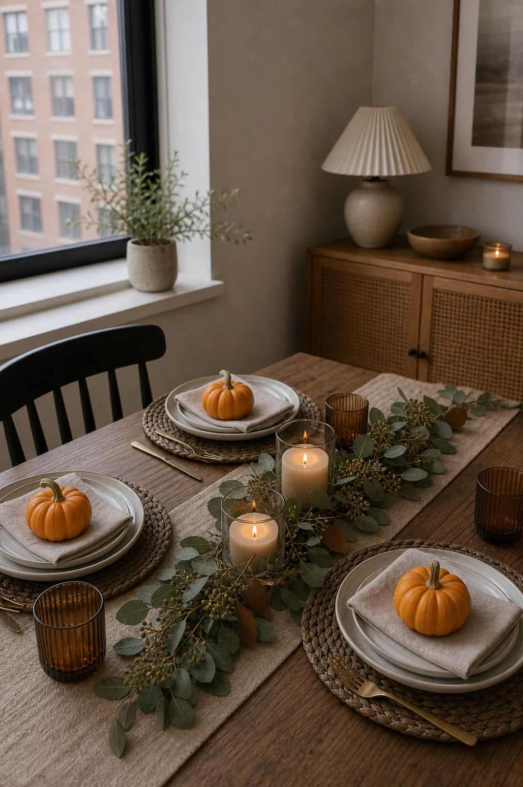 Three Mini Pumpkins as Place Markers small apartment idea for Top 17 Thanksgiving Centerpiece Ideas for Small Apartments.