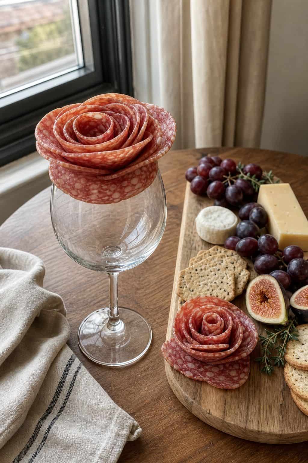 Make Salami Roses on a Wine Glass small apartment idea for Top 16 Thanksgiving Charcuterie Board Ideas for a Cozy Holiday Spread.