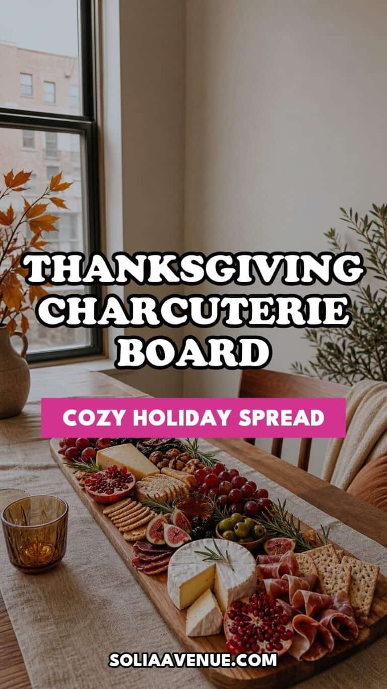 Pinterest pin for Top 16 Thanksgiving Charcuterie Board Ideas for a Cozy Holiday Spread from Solia Avenue.