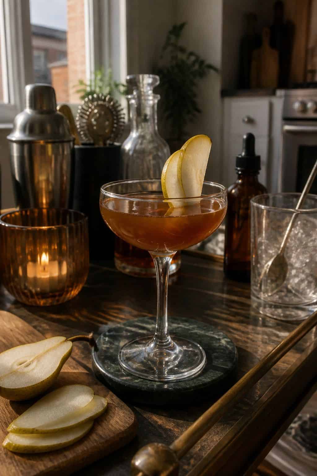 Rye and Pear Manhattan small apartment idea for Top 17 Thanksgiving Cocktail Ideas for a Festive Holiday Bar.