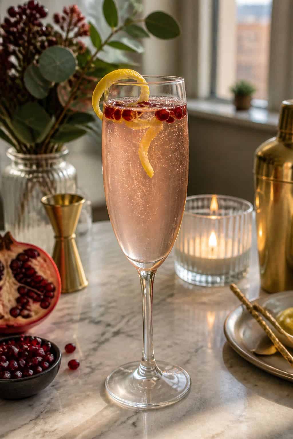 Pomegranate French 75 small apartment idea for Top 17 Thanksgiving Cocktail Ideas for a Festive Holiday Bar.